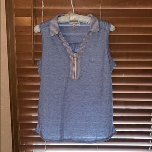 Elegant Blue Sleeveless Blouse with Striped Collar